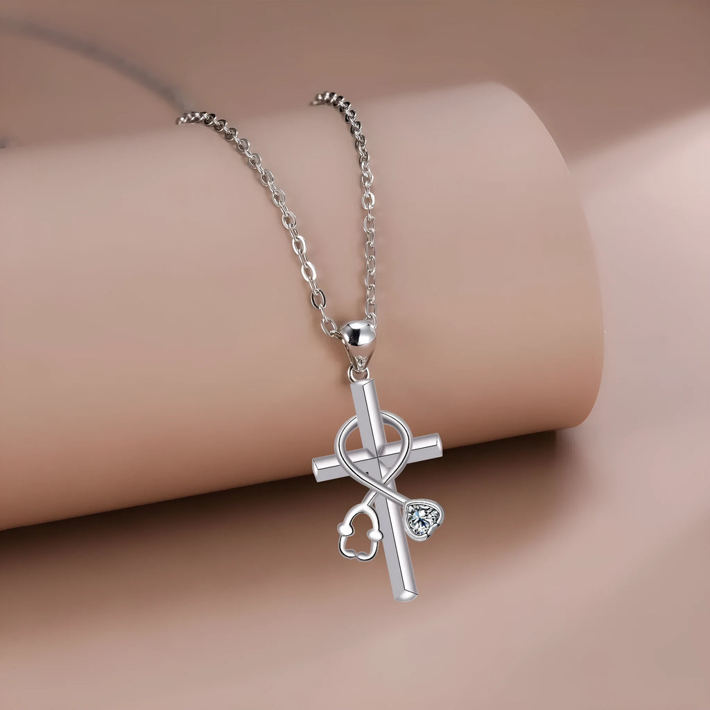 Women's cross stethoscope necklace with electroplated copper pendant and medical-themed design