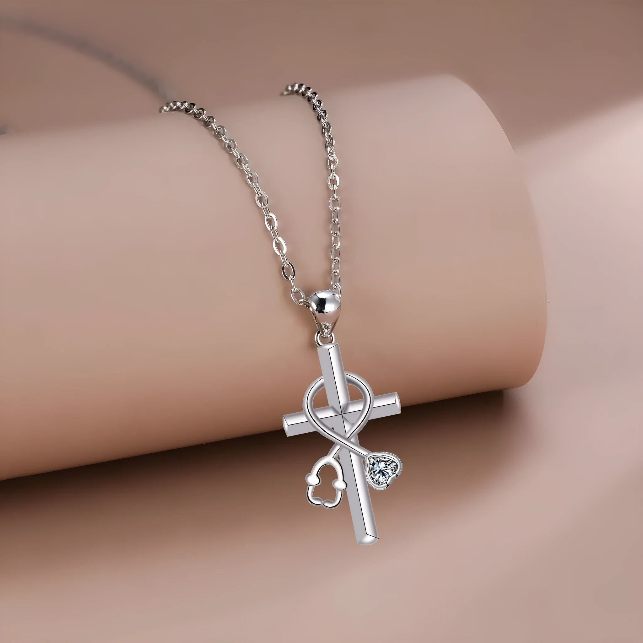 Women's cross stethoscope necklace with electroplated copper pendant and medical-themed design