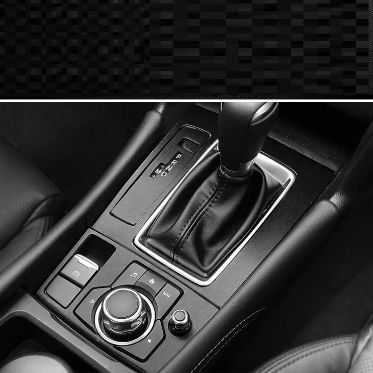 Unksera car dashboard decorative film sticker kit showing pre-cut pieces for centre console, instrument panel and gear handle coverage