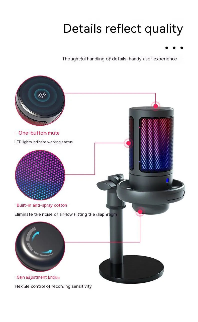 RGB condenser USB microphone for computer recording and live streaming