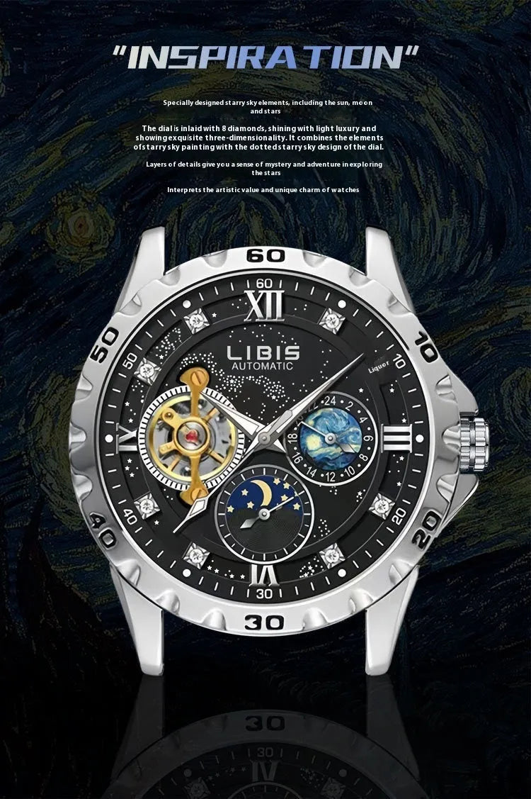 Men's silver case black starry dial automatic mechanical watch with leather strap