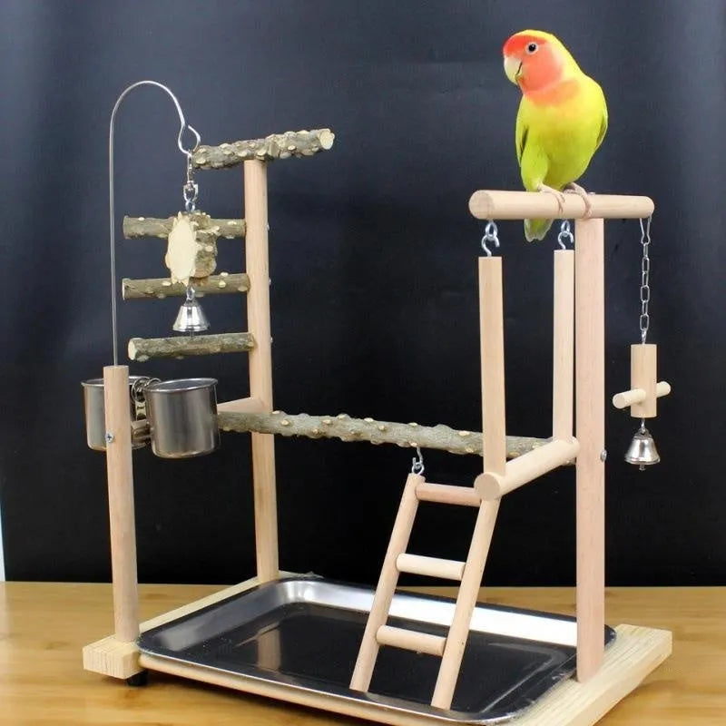 Pepper wood parrot stand with sub-stand pole, natural finish, isolated on white background