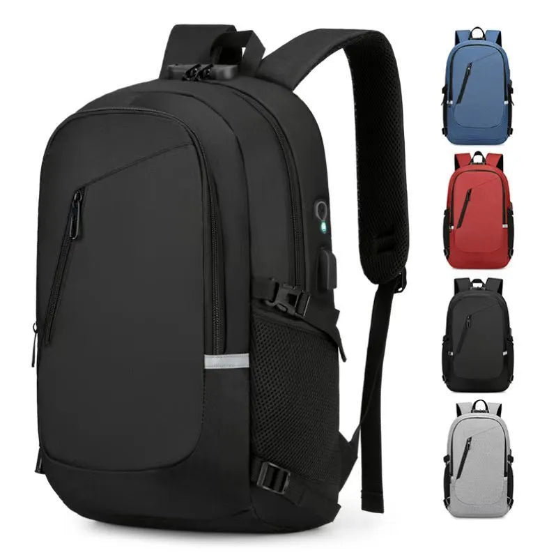 Oxford cloth computer backpack in blue colour showing front compartment and shoulder straps