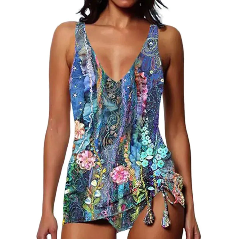 Women's printed triangle bikini and split shorts swimsuit set in colour 5 on a mannequin.