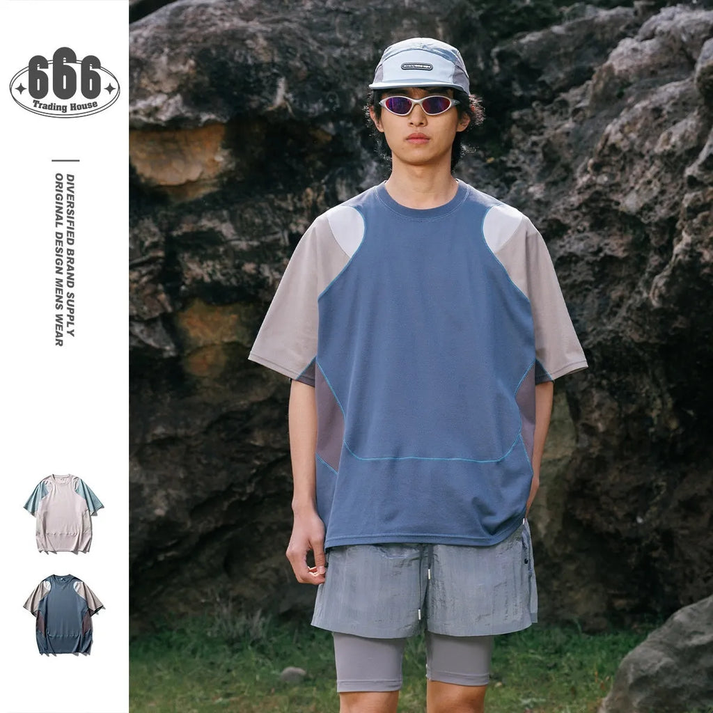 Men's patchwork contrast colour sports t-shirt in loose fit with short sleeves