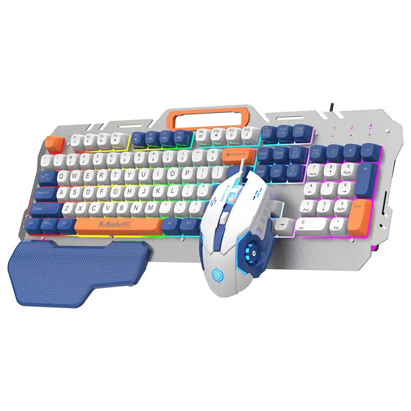Blue wired gaming keyboard and mouse set with backlit keys on black background