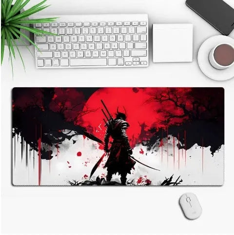 Large anime-themed gaming desk mouse pad with non-slip rubber cloth base on a wooden desk.