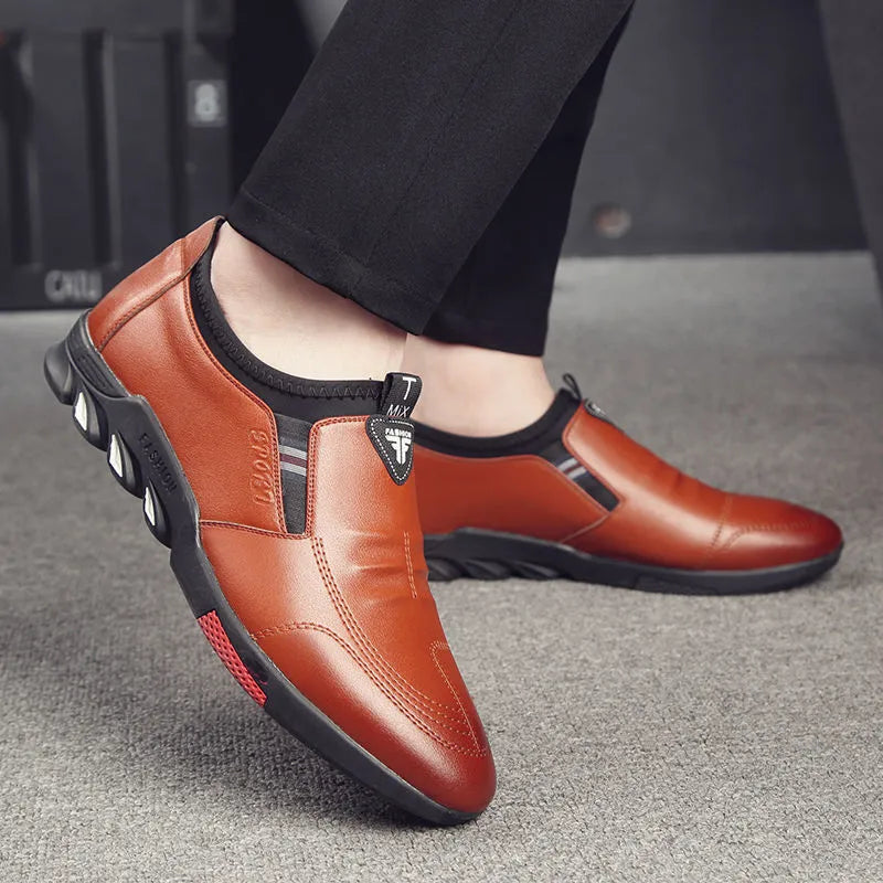 Men's black and brown PU leather casual shoes with flat heel and lace or slip-on styling