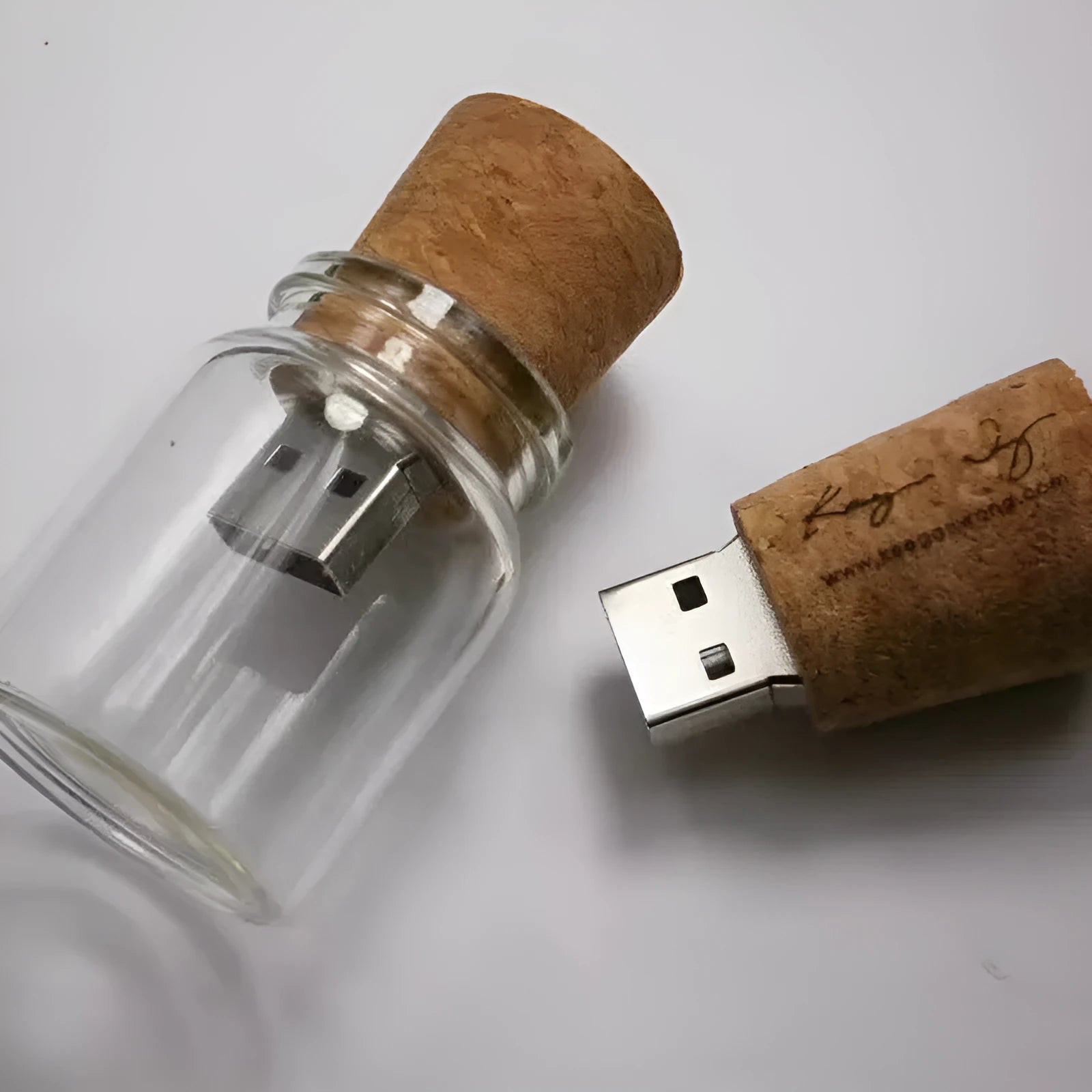 Wooden USB flash drive inside transparent bottle-shaped casing with visible wooden element