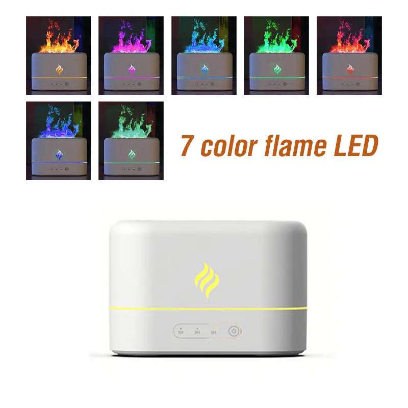 Black or white USB-powered humidifier with 7-colour flame LED effect and single mist outlet.