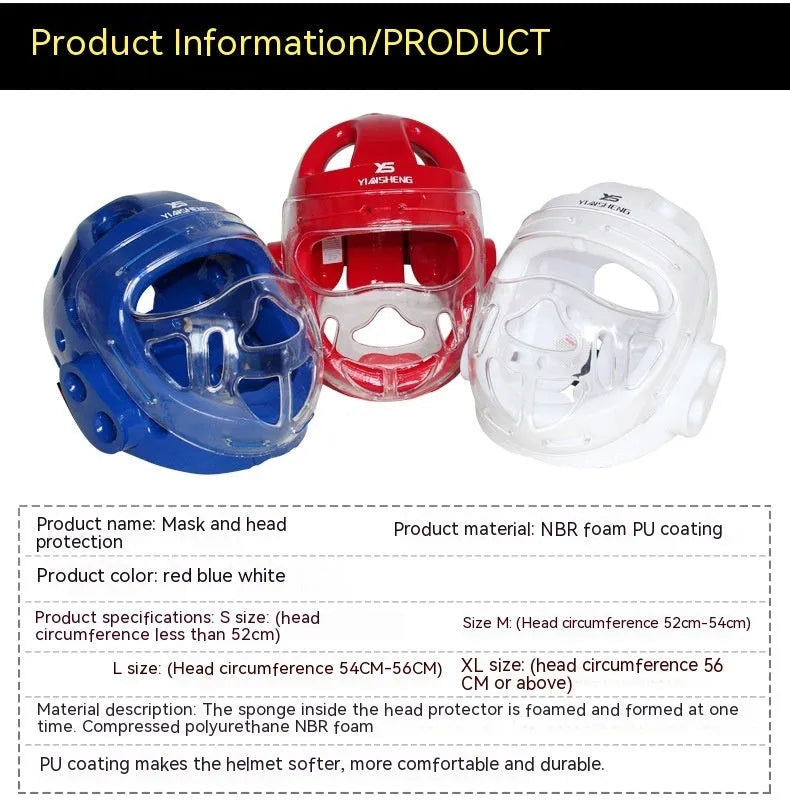 Karate helmet protective equipment in white, blue, and red colours available in multiple sizes