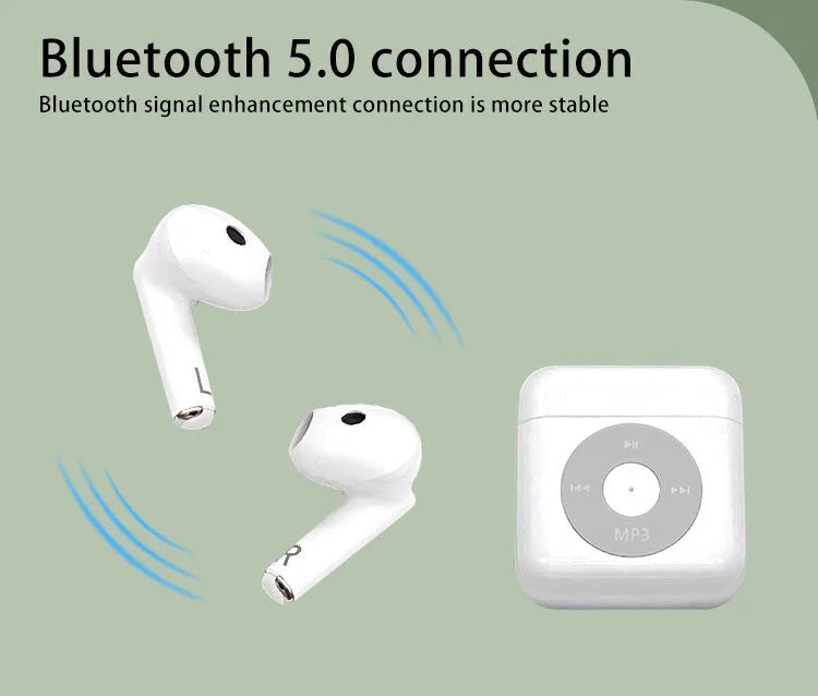 White wireless Bluetooth semi-in-ear earphones with a charging compartment on a white background.
