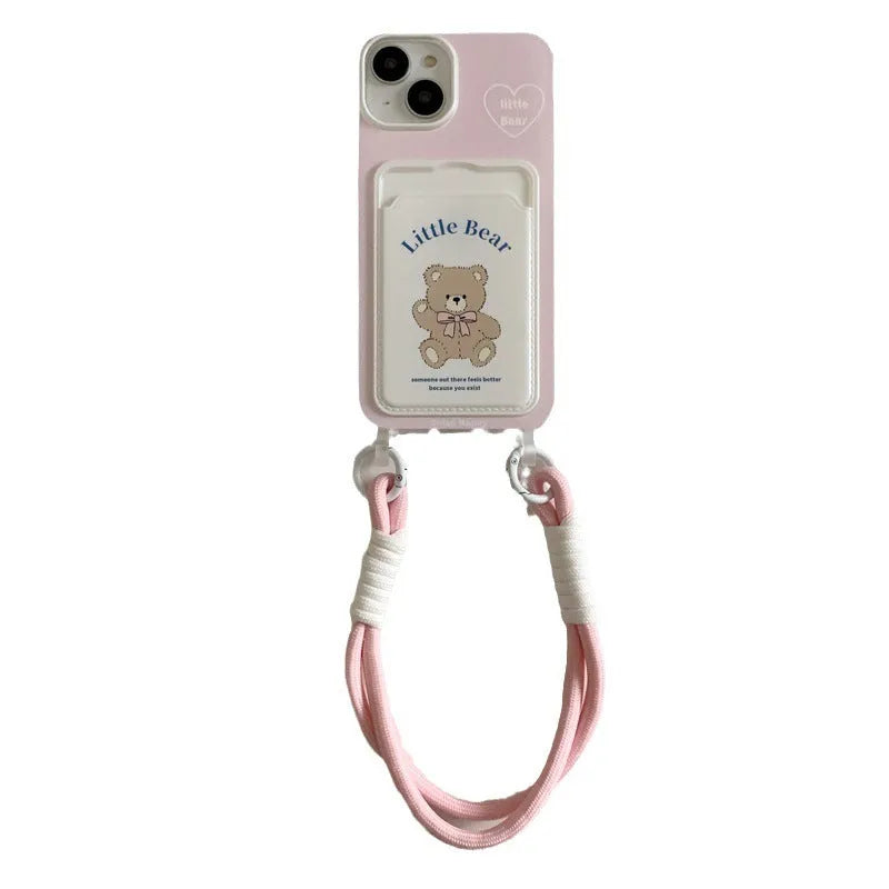 Pink bear TPU card holder lanyard phone case for iPhone 11 to 15 Pro Max with detachable strap