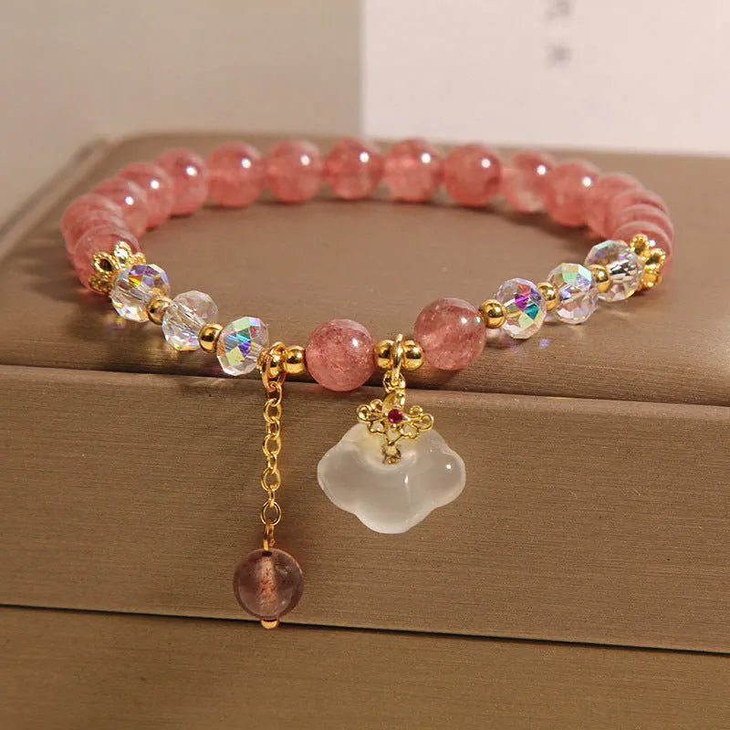 Women's natural strawberry quartz white agate crystal bracelet with auspicious cloud carvings on stretch cord