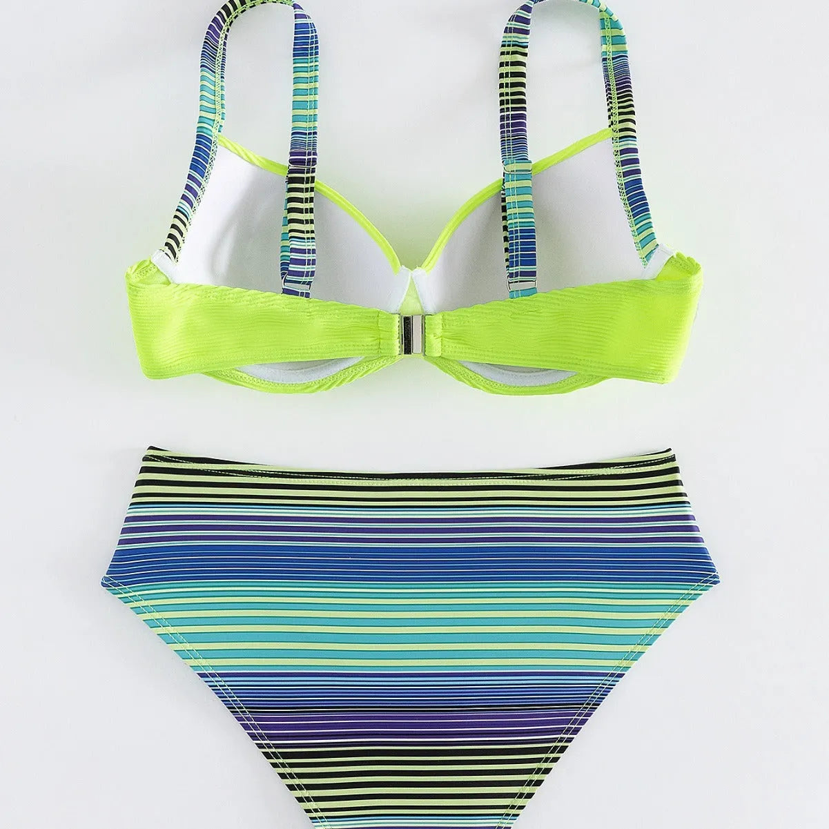 Women's green printed polyester halter bikini set with high-waist briefs on white background