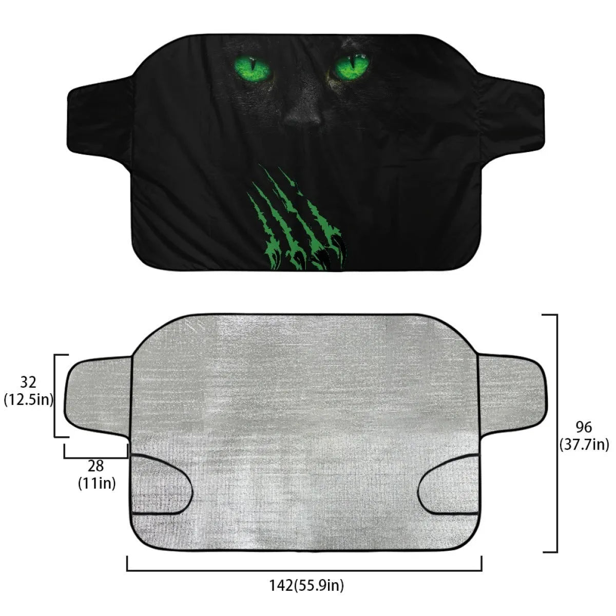 Car front gear snow protection cover showing aluminium film material and lanyard ties for windscreen.