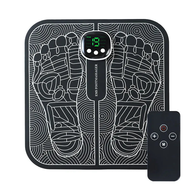 Blue square USB rechargeable foot massage mat with remote control on floor