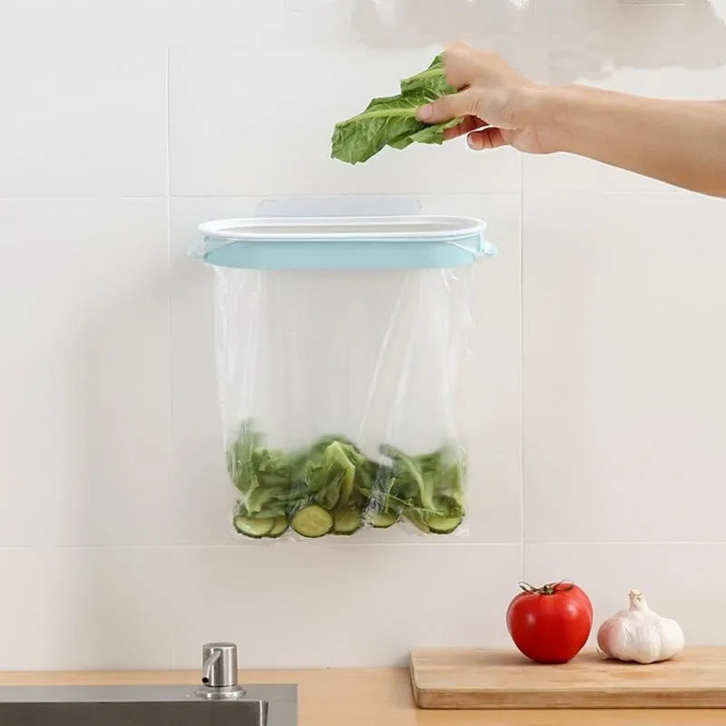 Blue plastic kitchen garbage bag storage rack with compact dimensions for cabinet organisation