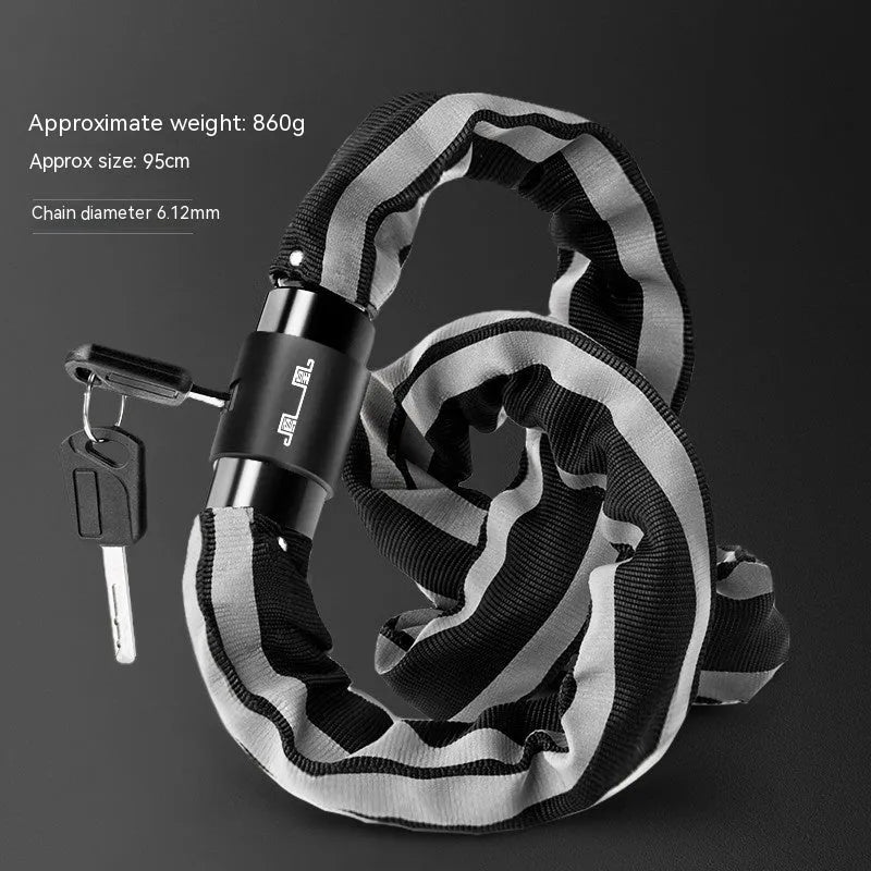 Black zinc alloy mountain bike chain lock with a 95cm length shown next to a yellow combination lock variant.