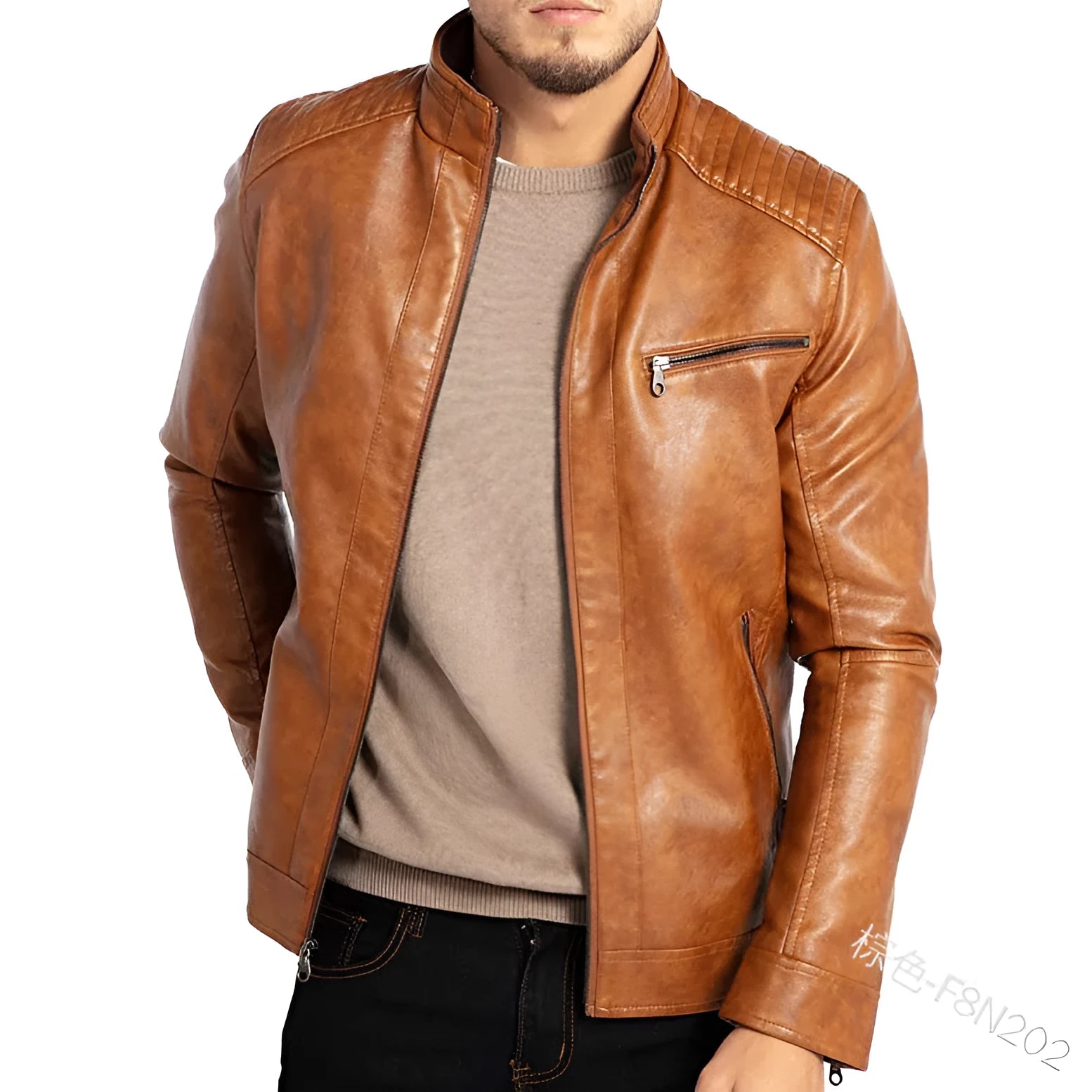 Men's brown artificial leather punk motorcycle jacket with a stand collar and straight hem.