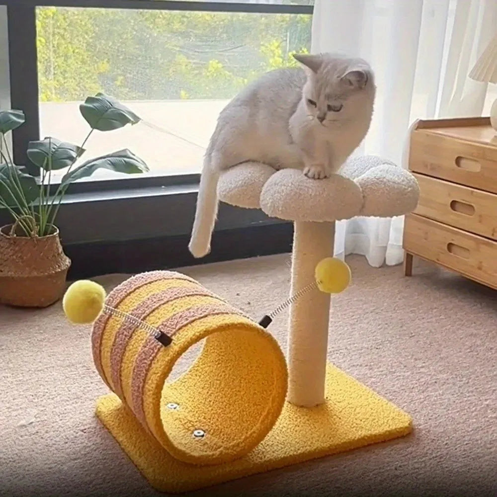 Yellow cat scratching post with sisal fibre surfaces, climbing frame and tunnel, dimensions 46cm x 36cm x 25cm