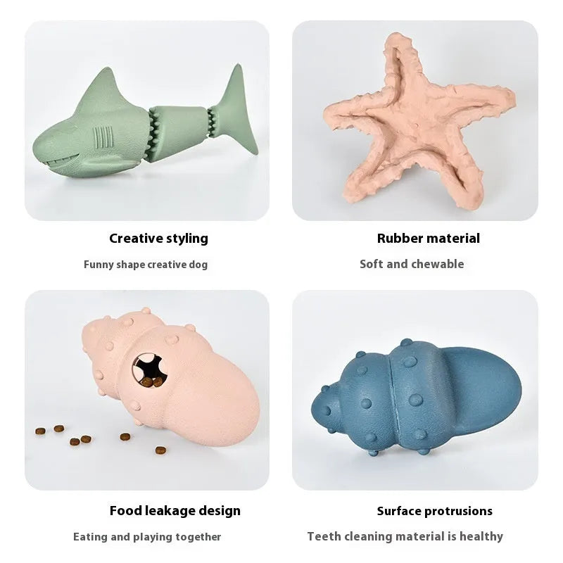 Deep sea shark shaped rubber dog toy in blue or green colours for food leakage control