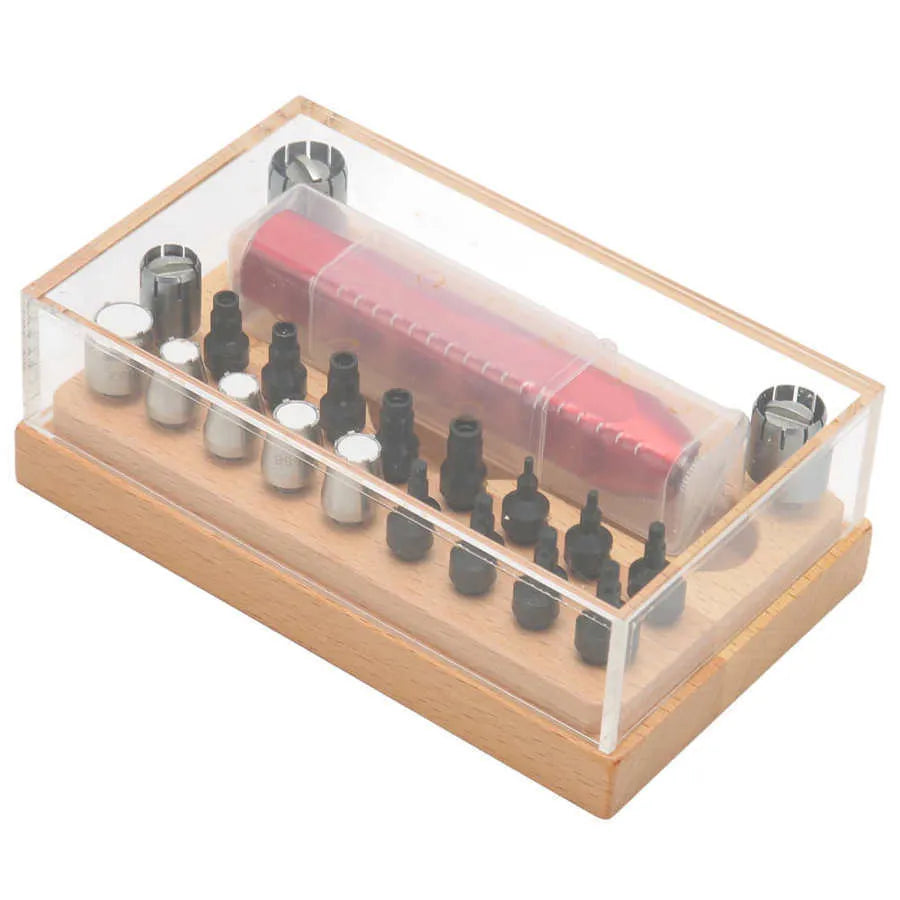 20 steel watch case opening tools organised in a black rectangular storage case.