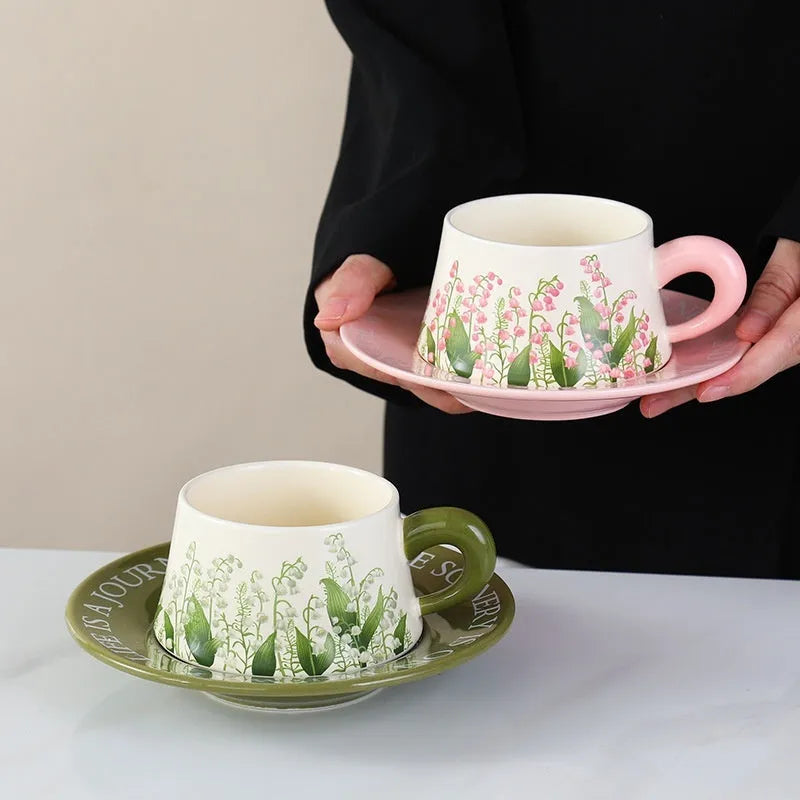 Ceramic coffee cup and saucer set for two in Campanula or Lanling Grass colour designs