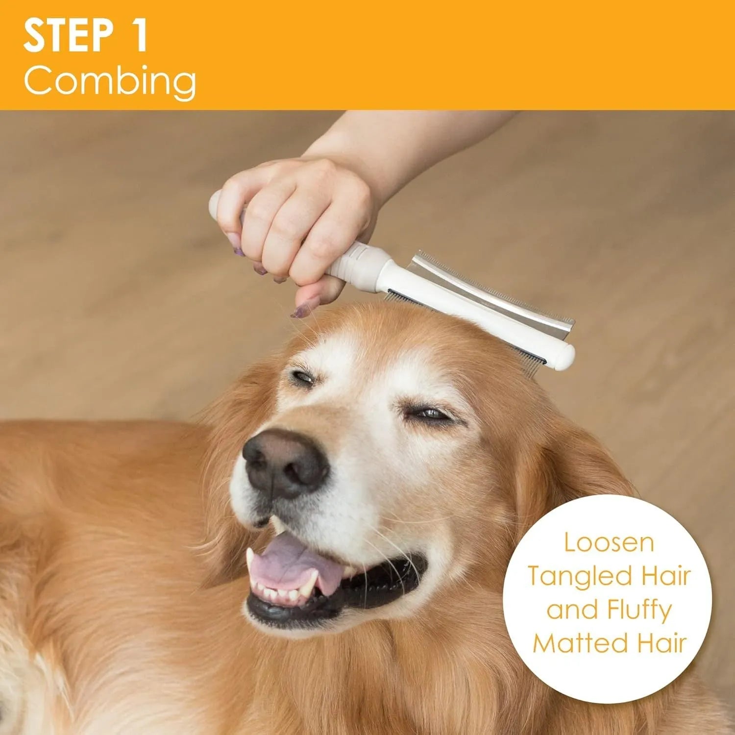 White 2-in-1 double-sided dog and cat deshedding brush with grooming comb and ergonomic handle