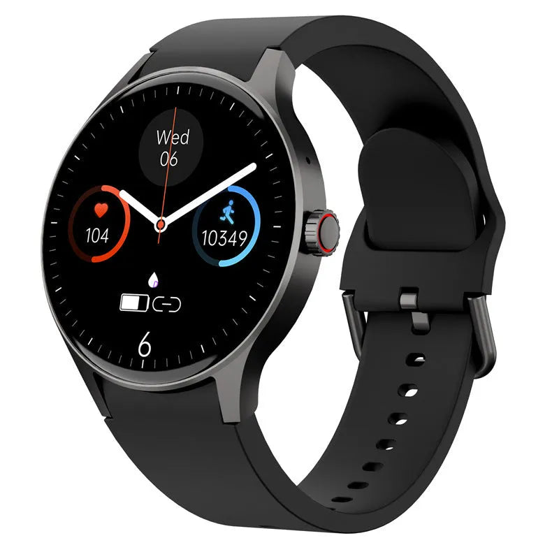 Black Bluetooth smart sport watch with round touch screen on a wrist, showing a watch face display.