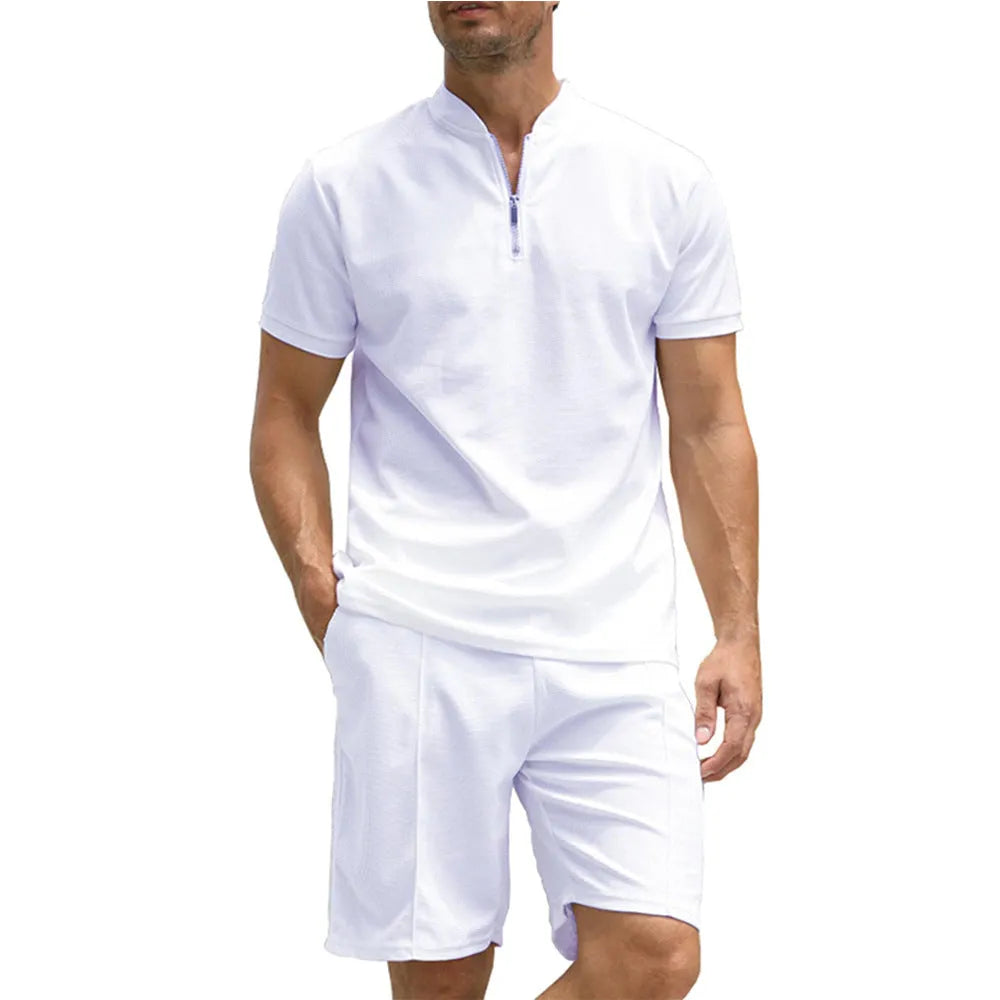 Men's solid colour polo shirt and trouser two-piece set in beaded bird's eye polyester fabric