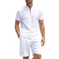 Men's solid colour polo shirt and trouser two-piece set in beaded bird's eye polyester fabric
