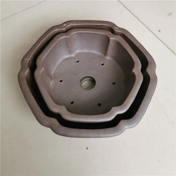 Large hexagonal purple sand flowerpot in brown, high temperature kiln baked, for indoor outdoor plants