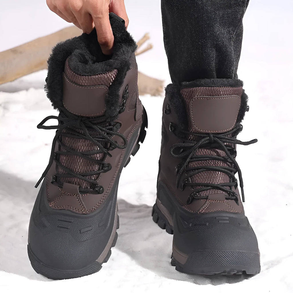 Men's black fleece-lined high-top lace-up boots with a ribbed sole.
