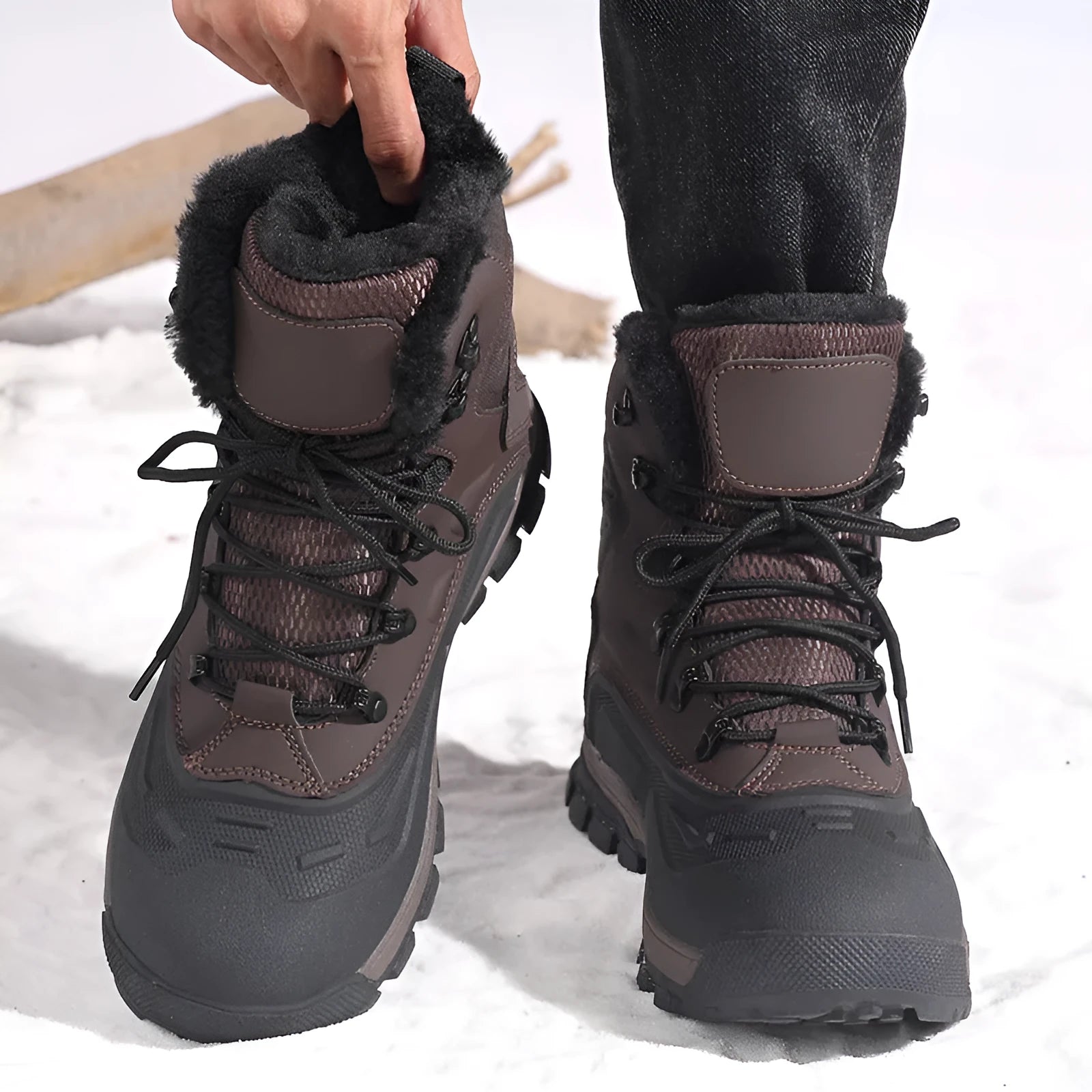 Men's black fleece-lined high-top lace-up boots with a ribbed sole.