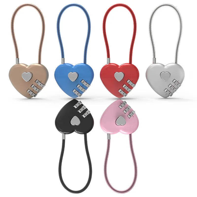 Peach heart love lock with long wire rope for bicycle helmet security in black colour on a white background