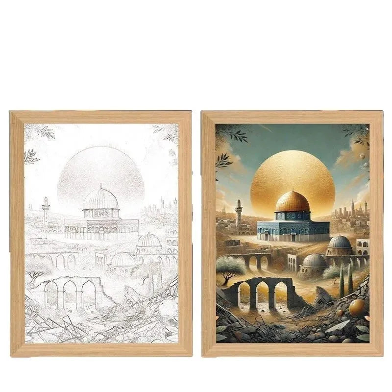 Modern rectangle LED photo frame displaying cross-themed art with interchangeable spiritual prints
