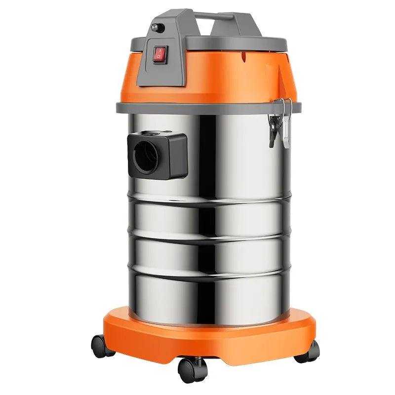 High-power 25L wet dry vacuum cleaner with 1200W motor, 4 suction heads, and mechanical controls on a floor.