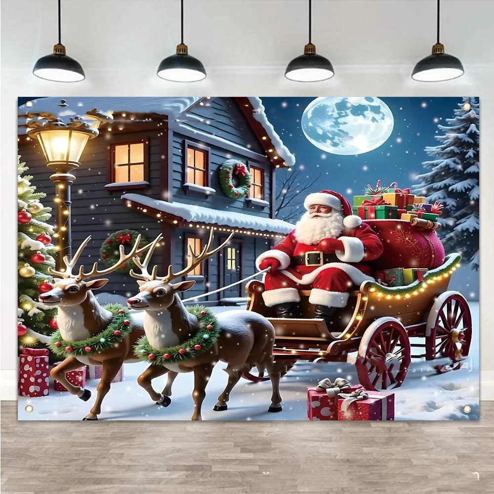 Christmas banner with Santa Claus and night gift design on white background, 210x150cm polyester fabric.
