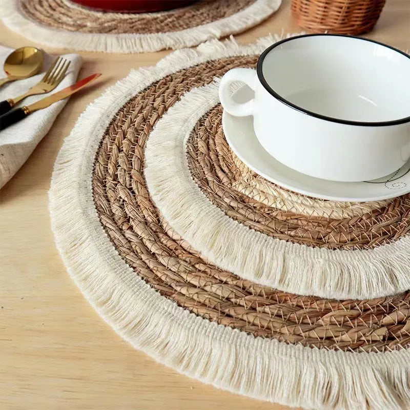 Round Japanese straw placemat with corn rope tassel edge in natural papyrus material
