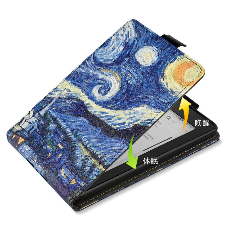 Printed TPU protective case for 6-inch Kindle showing artistic design options and bracket-style construction