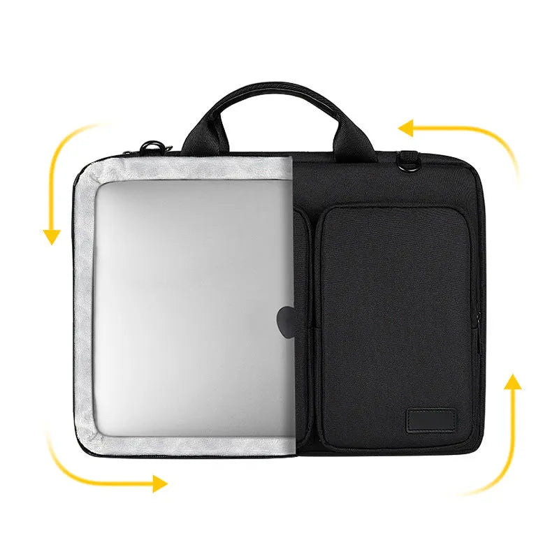 Shock proof polyester shoulder laptop bag in black with retractable handle and zipper opening
