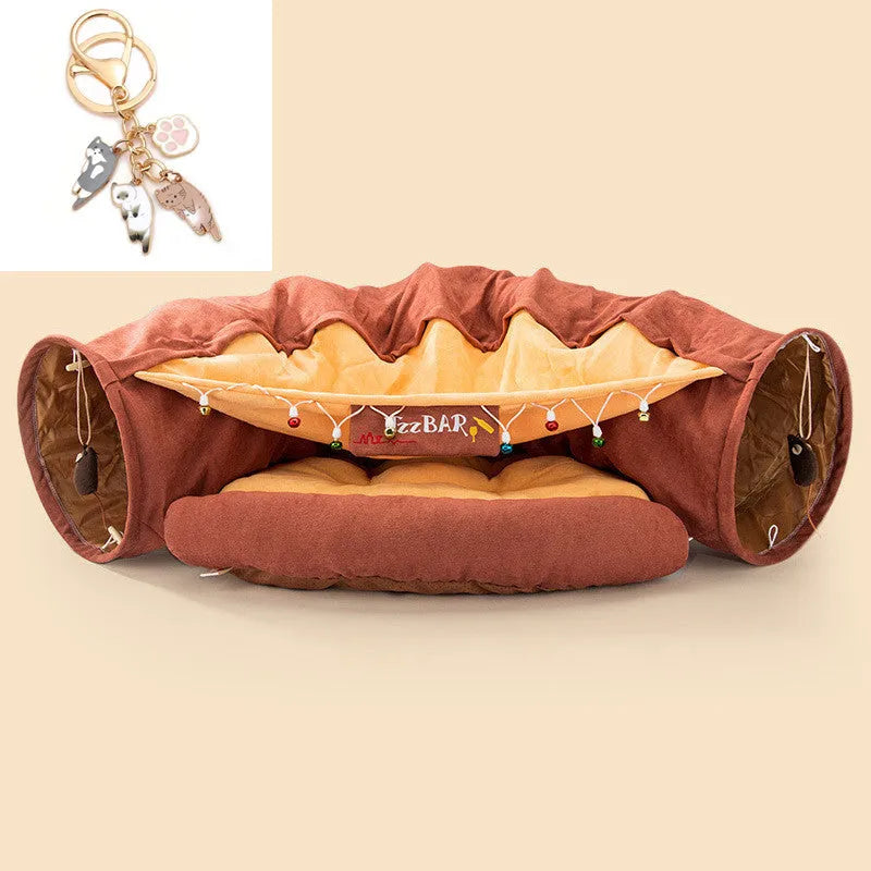 Collapsible cloth cat tunnel toy shown in one of four colours: bar, coffee, matcha, or pink