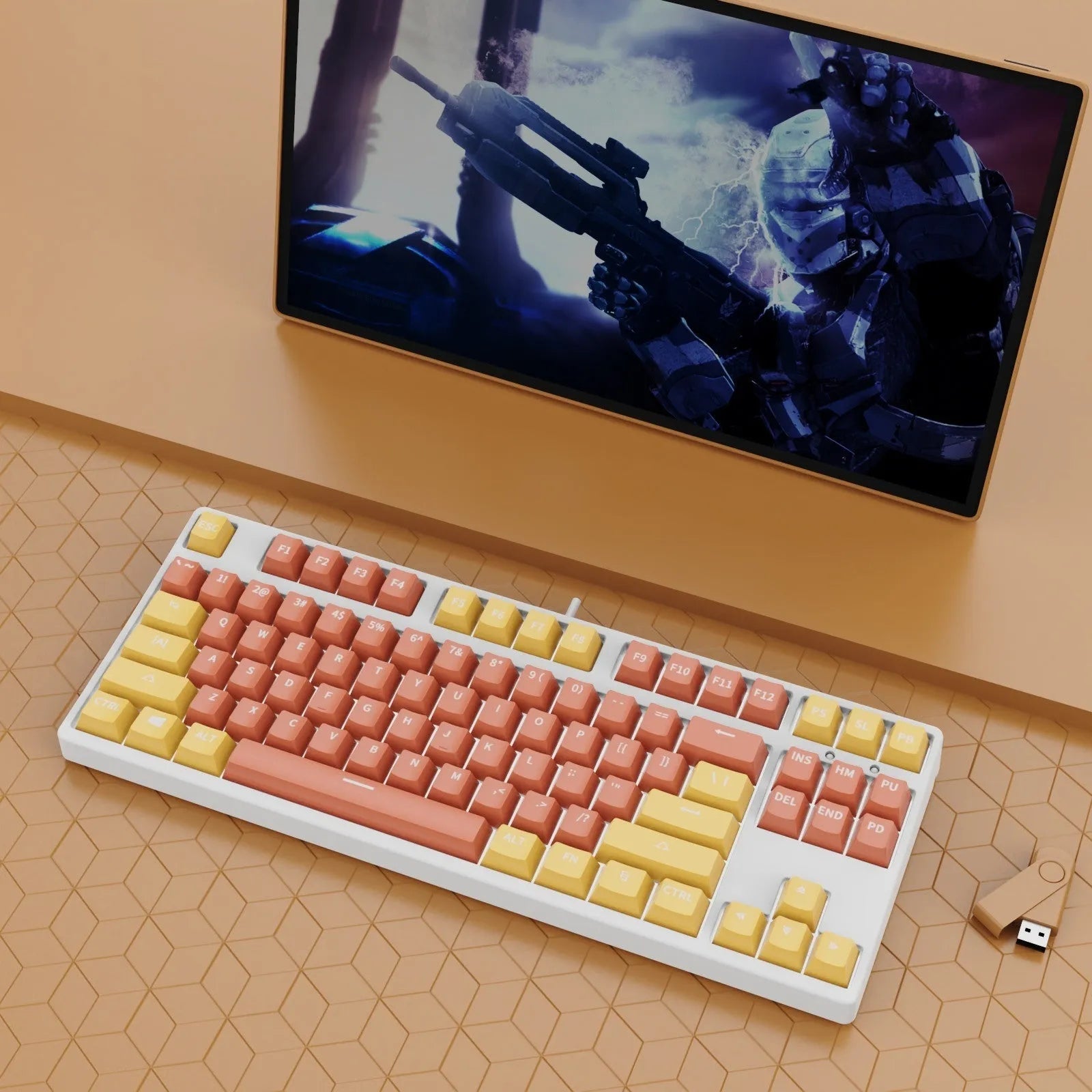 87-key wired mechanical gaming keyboard with colourful keycaps on a metal frame, shown with key puller and cable.