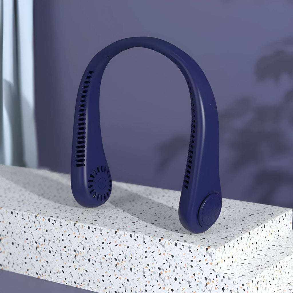 Blue USB rechargeable bladeless neck fan with adjustable speed settings