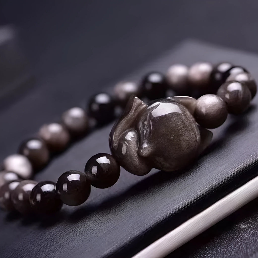Obsidian fox single ring bracelet for women with polished 8mm obsidian beads and a fox charm