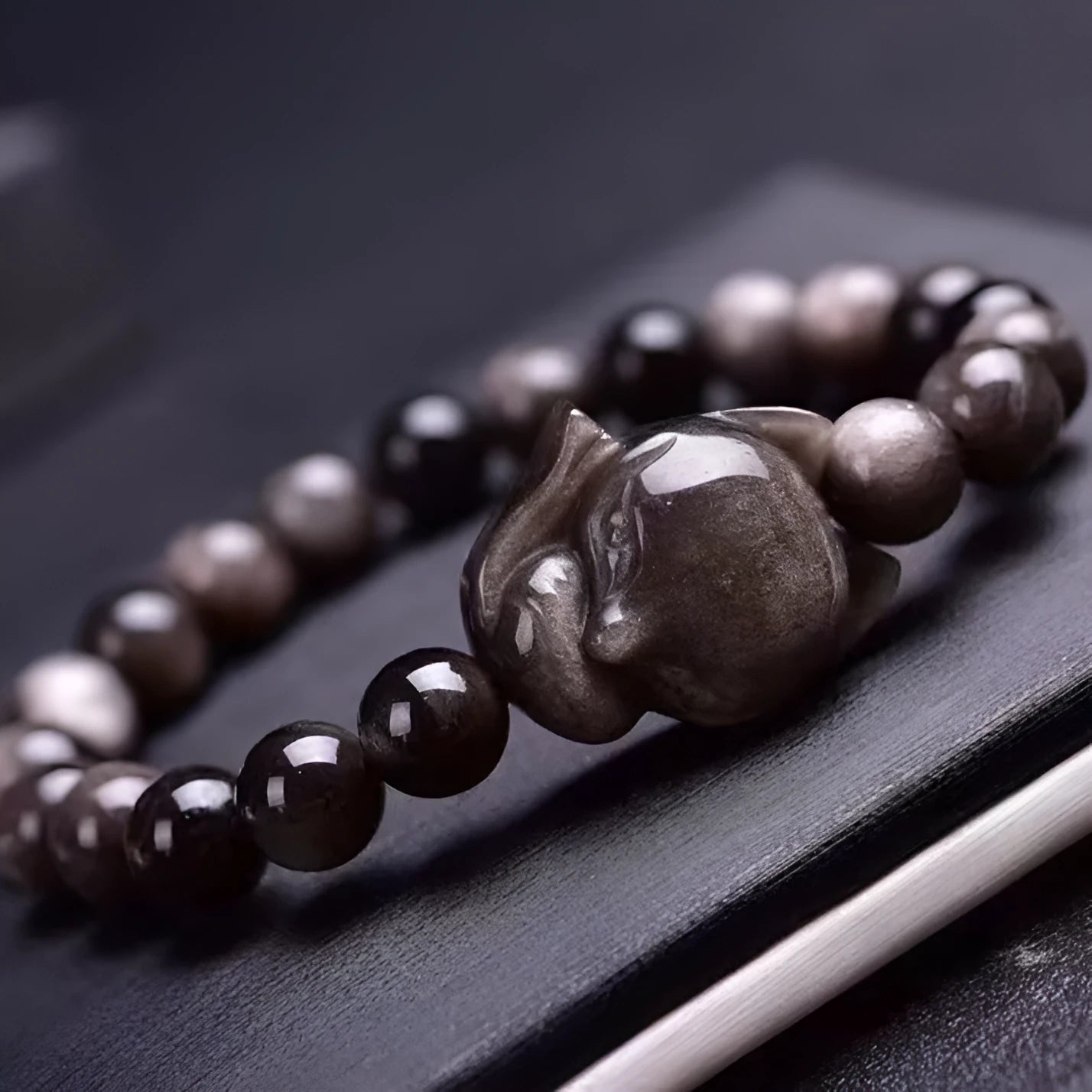 Obsidian fox single ring bracelet for women with polished 8mm obsidian beads and a fox charm