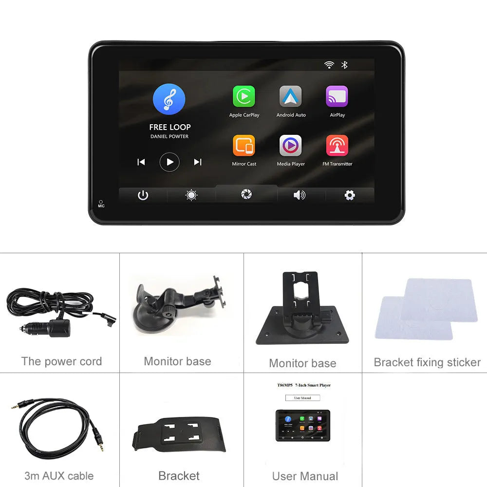 7-inch HD wired car dashboard smart player with screen showing multilingual menu options