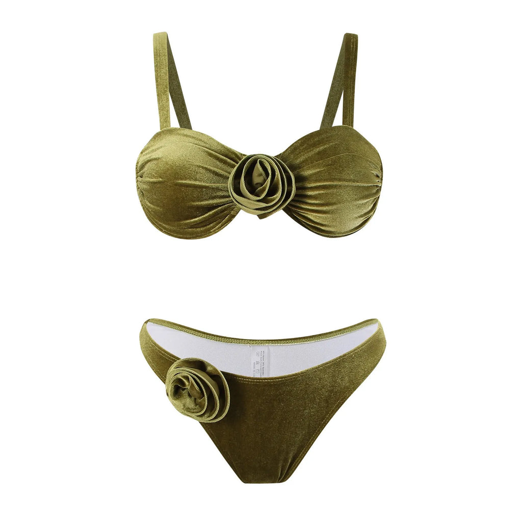 Women's A371 Green 3D floral pattern swimsuit brief on a mannequin.