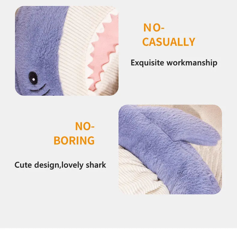Blue shark pattern velvet pet bed cushion with thick padding on a wooden floor